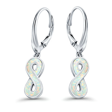 Infinity Dangling Leverback Earrings Lab Created White Opal 925 Sterling Silver (15mm)